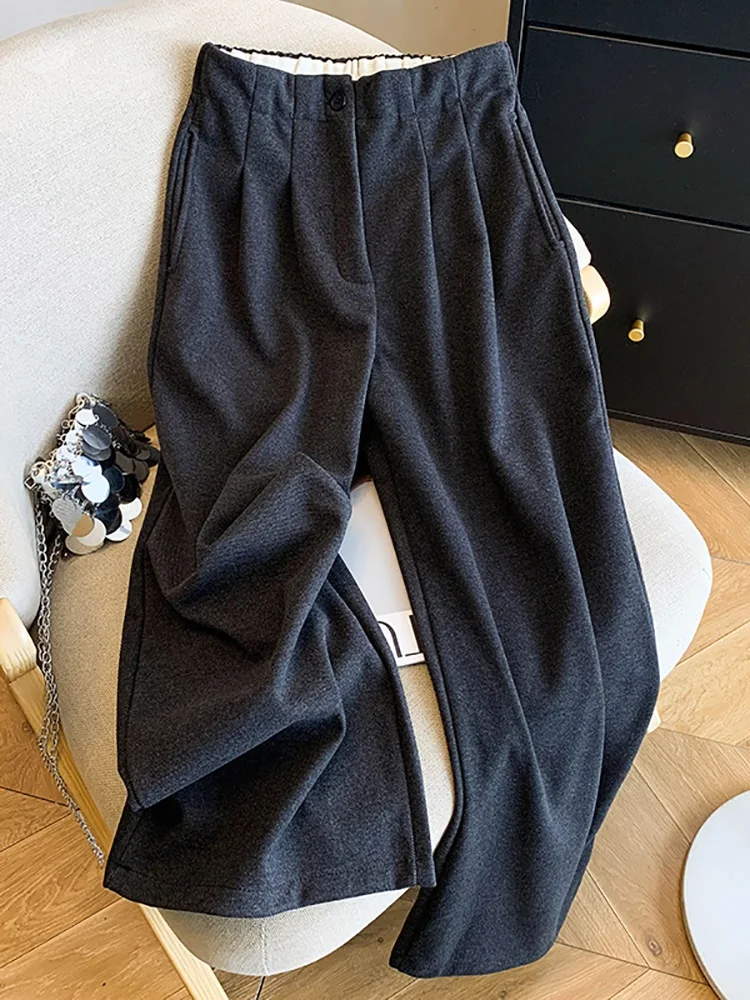 

Шерстяные повседневные брюки с высокой талией и драпировкой, женские прямые брюки с широкими штанинами, девять очков, сложенные осенне-зимние новые брюки для поездок на работу и ветер