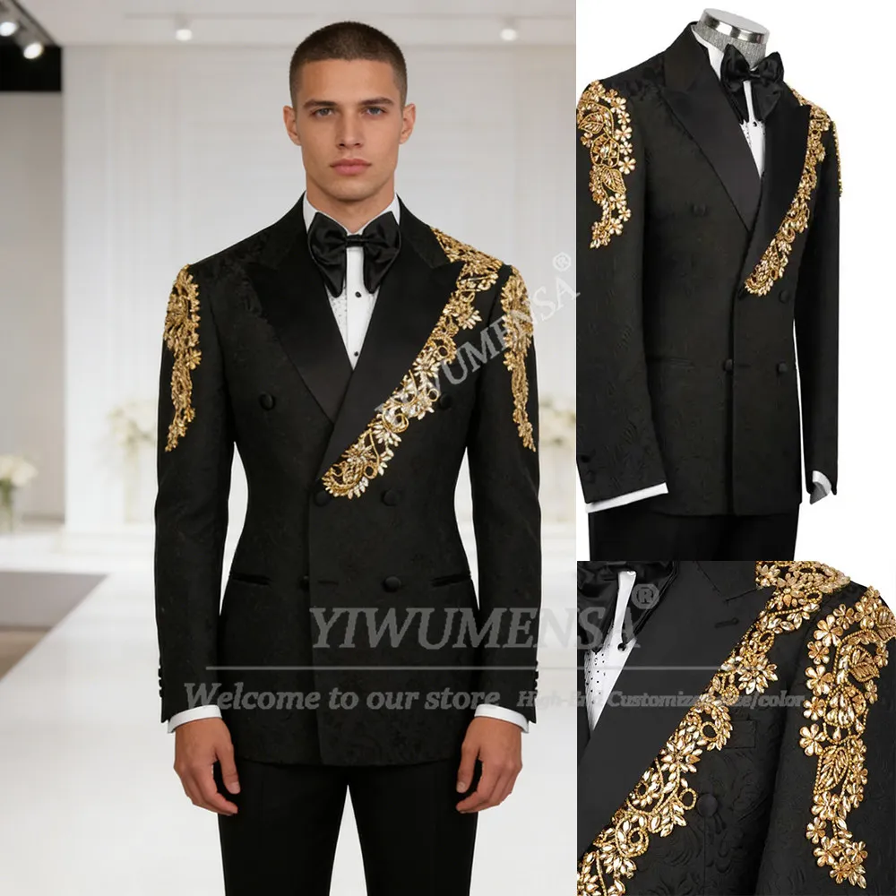 

Luxury Gold Beaded Stones Suit Men Slim Fit Double Breasted Floral Jacket Trousers 2 Piece Set Groom Wedding Tuxedos Customized