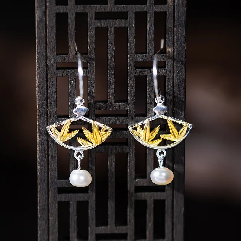 Original Retro Pearl Earrings, Fashionable Individual Bamboo Leaf Fan-shaped Ear Hooks, S925 Silver Jewelry Exquisite Daily Wear