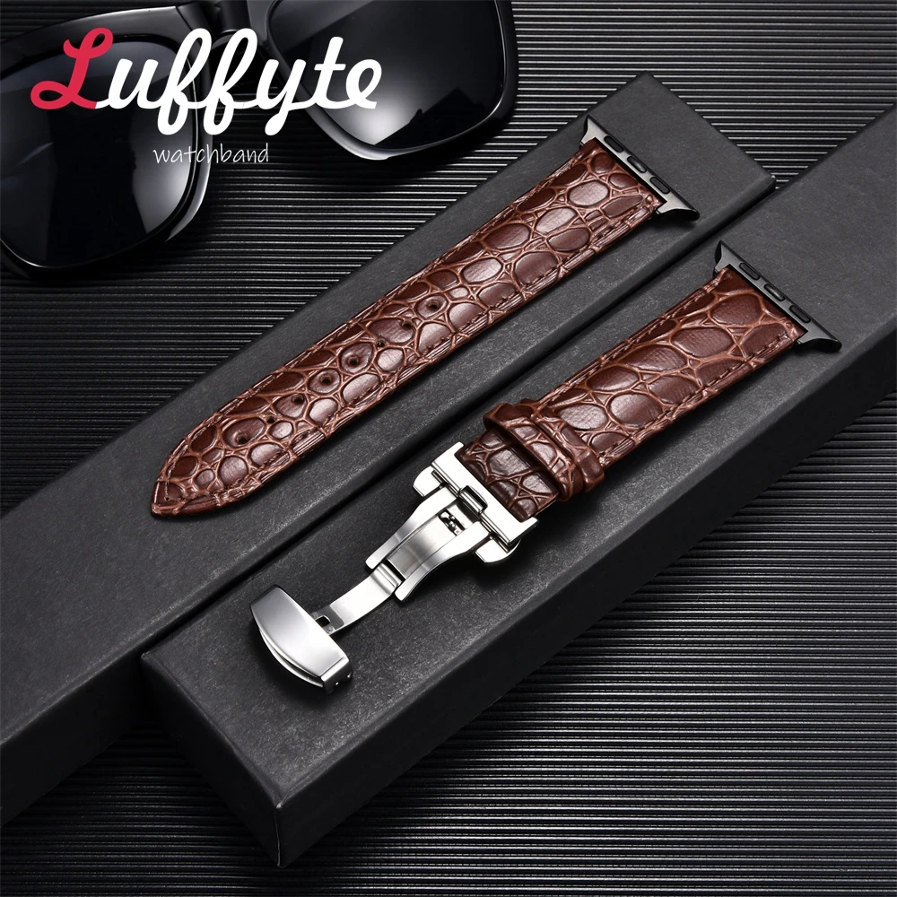 Crocodile Pattern Leather Band for Apple Watch Ultra 8 7 SE 6 5 4 3 Watchband 38 40 41 42 44 45 49mm Strap with Butterfly Buckle