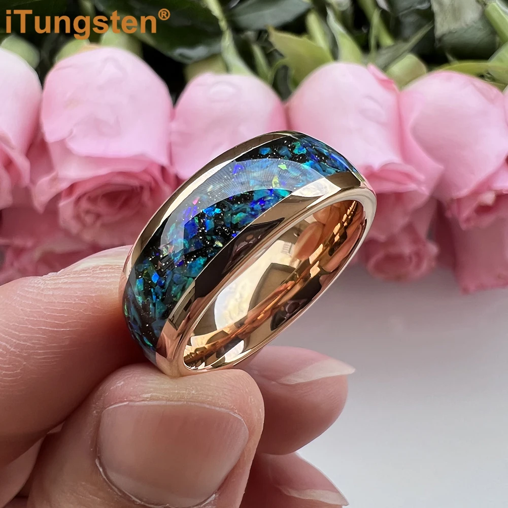 Anillo de ópalo de galaxia brillante iTungsten de 8mm para hombres y mujeres, banda de compromiso de tungsteno para boda, ajuste cómodo pulido con cúpula