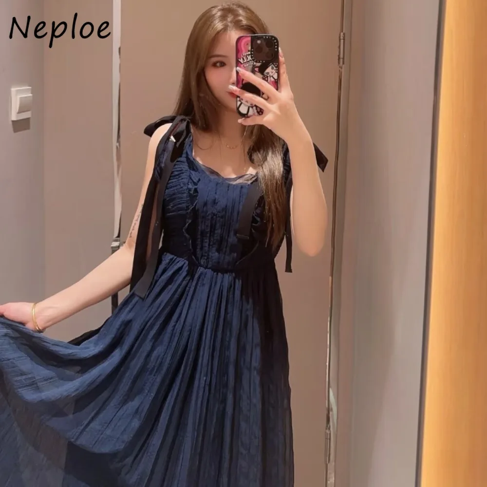

Neploe Sweet Temperament Fungus Bow Dress Patchwork Lace Up Voile Ruched Mid-length Robe Japan Princess New Gentle Slim Mujer