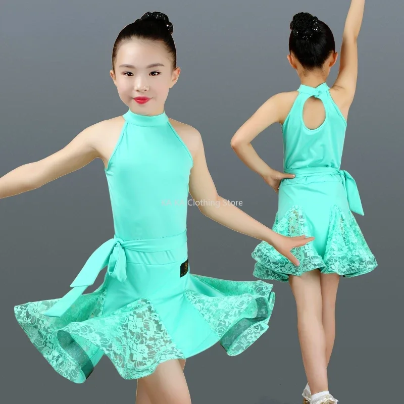 New Child Lace Latin Dance Dress For Girls Salsa Tango Ballroom Dancing Dress Competition Costume Kids Practice Dance Clothes