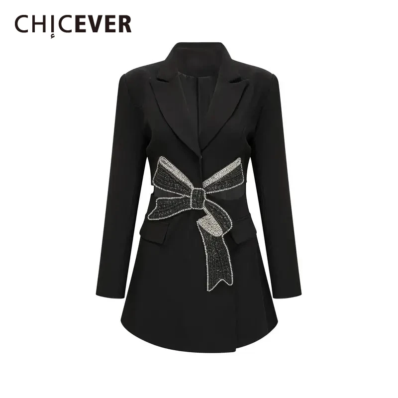 

CHICEVER Office Patchwork Cutout Jackets for Women Lapel Long Sleeves Spliced Sequins Bow Slim Temperament Coat Female Fashion