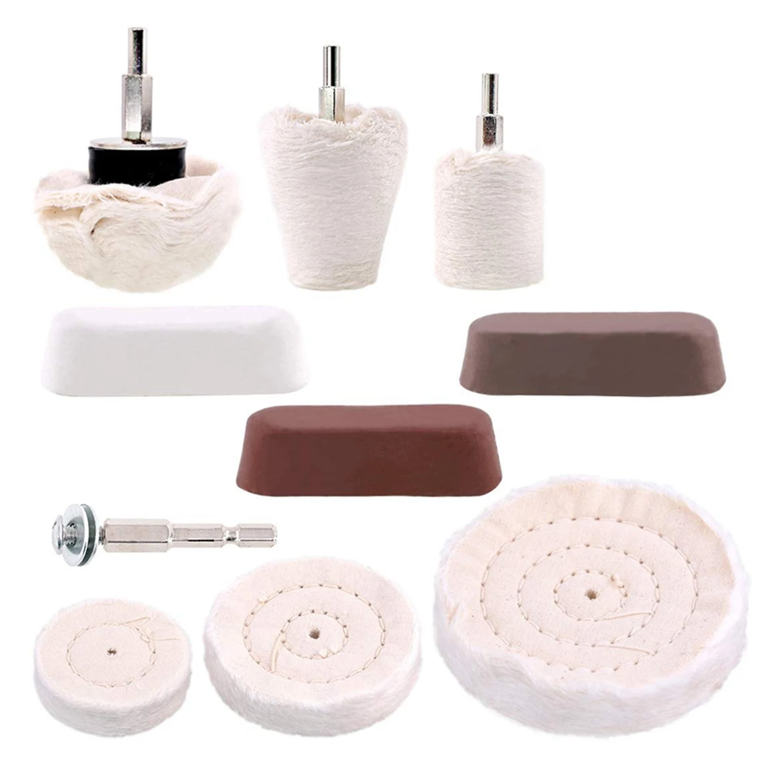 10 Pcs Buffing Pad Polishing Wheel Kits with 3Pcs Rouge Compound with 1/4 inch Handle, for Manifold, Aluminum, Stainless Steel