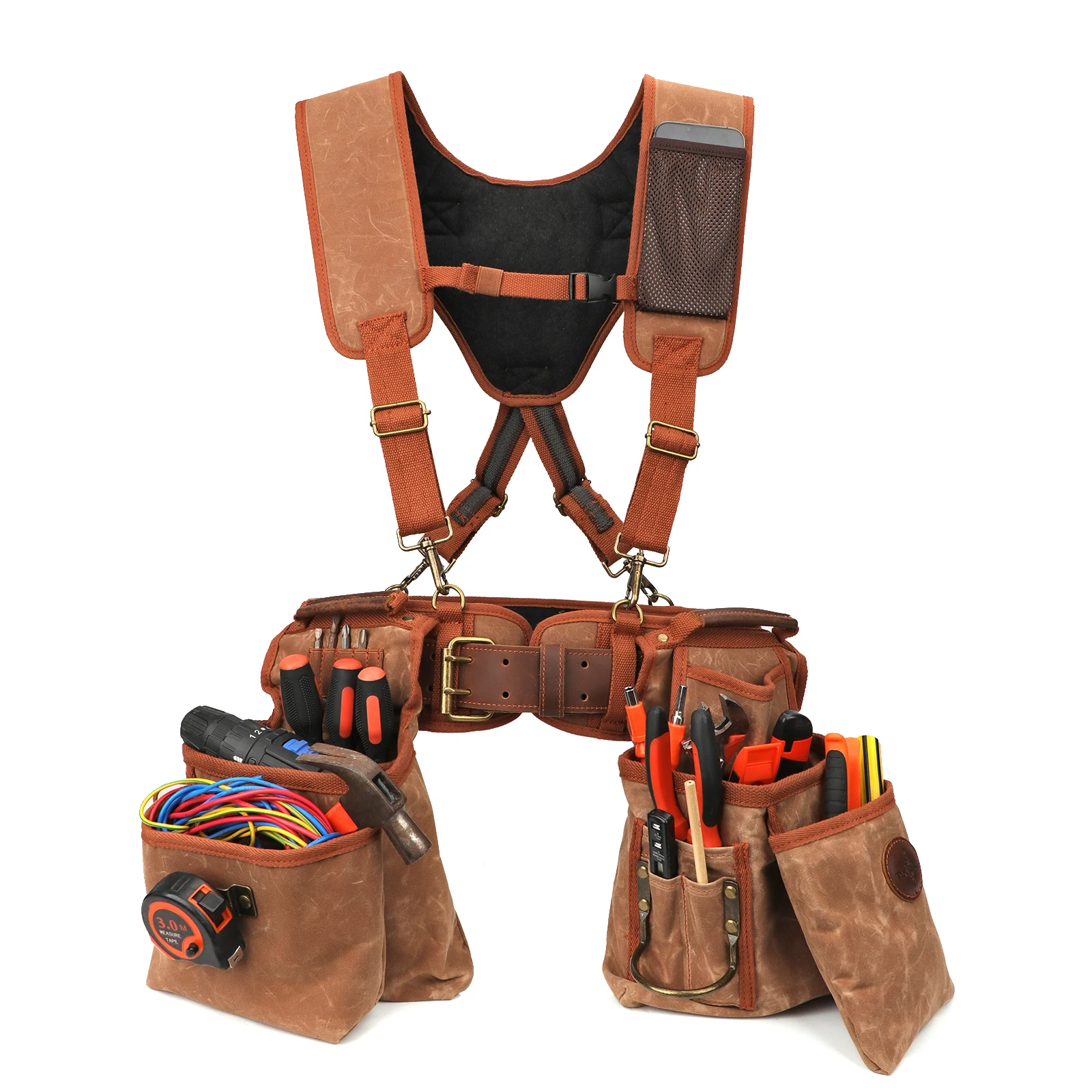 Tourbon Tool Belt  with Adjustable Suspenders Padded Cooling Mesh Detachable Pockets Tape Measure Hammer Holder Framers Rig  Tan