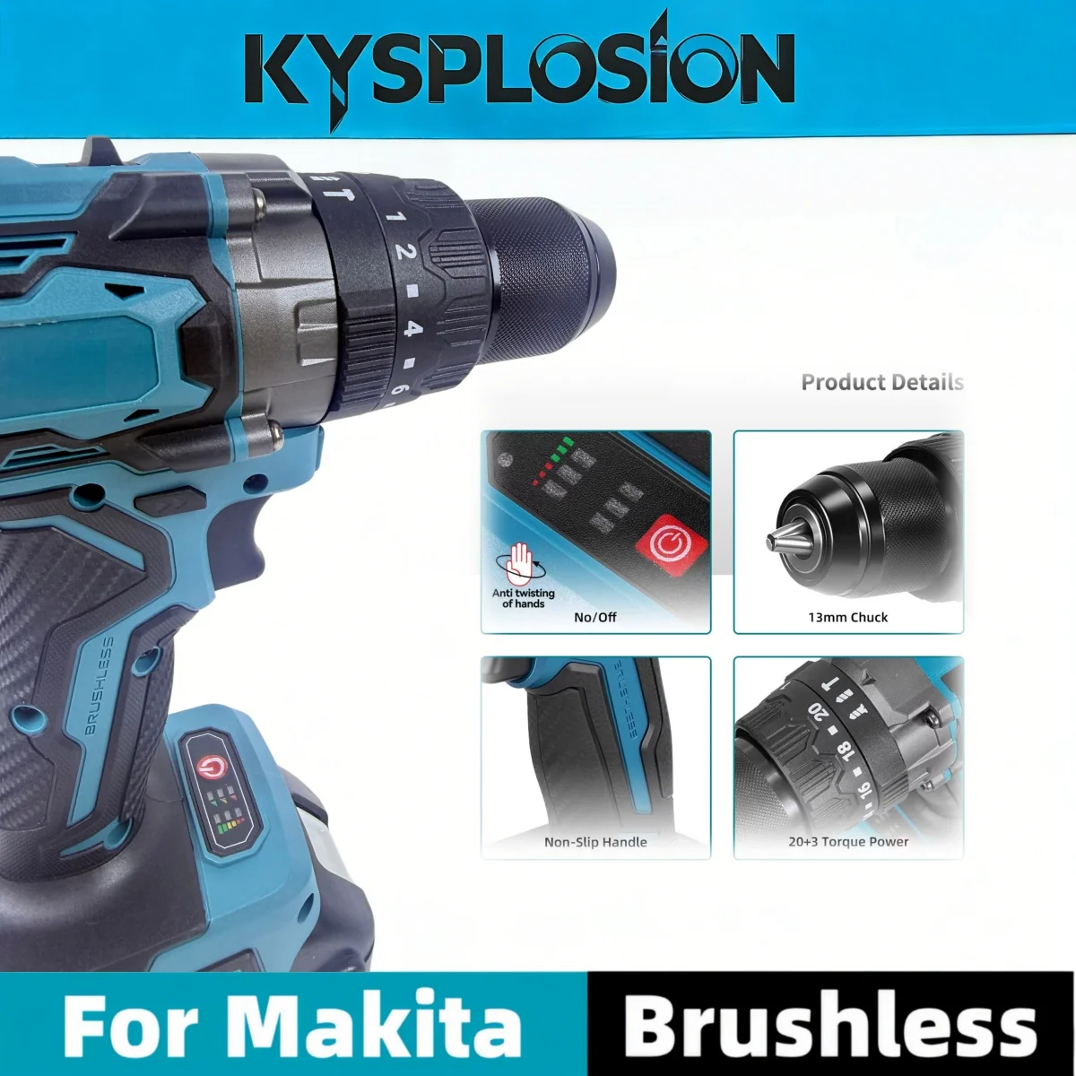 900N.M 13MM Brushless Cordless Impact Drill 20+3 Torque Handheld Drilling Screwdriver Compatible with Makita Battery