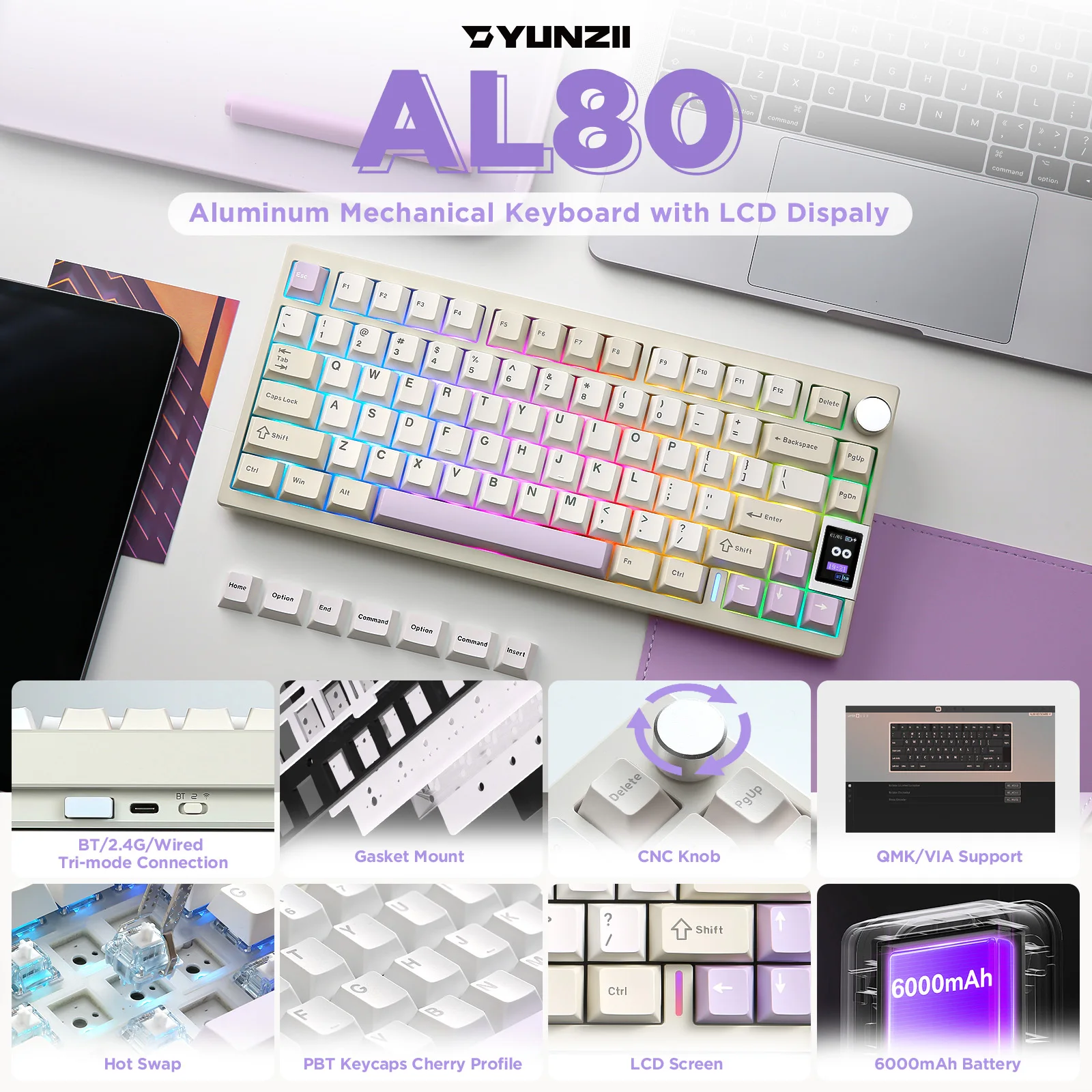 YUNZII AL80 Beige Mechanical Gaming Keyboard, Wireless CNC Aluminum QMK/VIA Knob Keyboard, Gasket Hot Swap LCD Mac/Win Keyboard