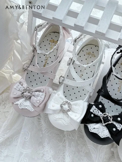 

Original Lolita Style Shoes Cute Mine Series Bow Mid-heel Mary Jane Shoes Japanese Sweet Girlish Round Toe Button-up PU Shoes