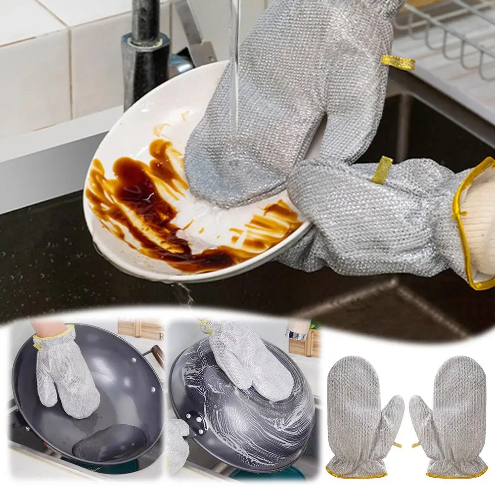 سلك قفازات غسل الصحون المطبخ متعددة الوظائف مقاوم للماء ومقاومة للاهتراء تنظيف سلك فضي قفازات غسل الصحون 1 زوج