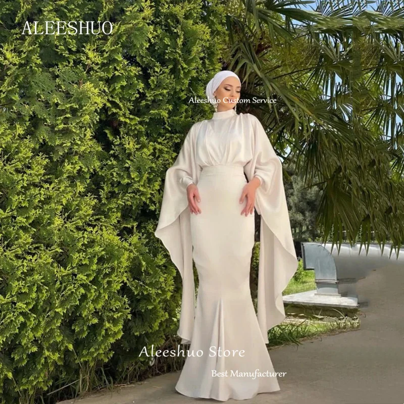 Aleeshuo-vestido moderno plissado sereia noite, pescoço alto, manga comprida, para o baile, arábia saudita, comprimento do chão