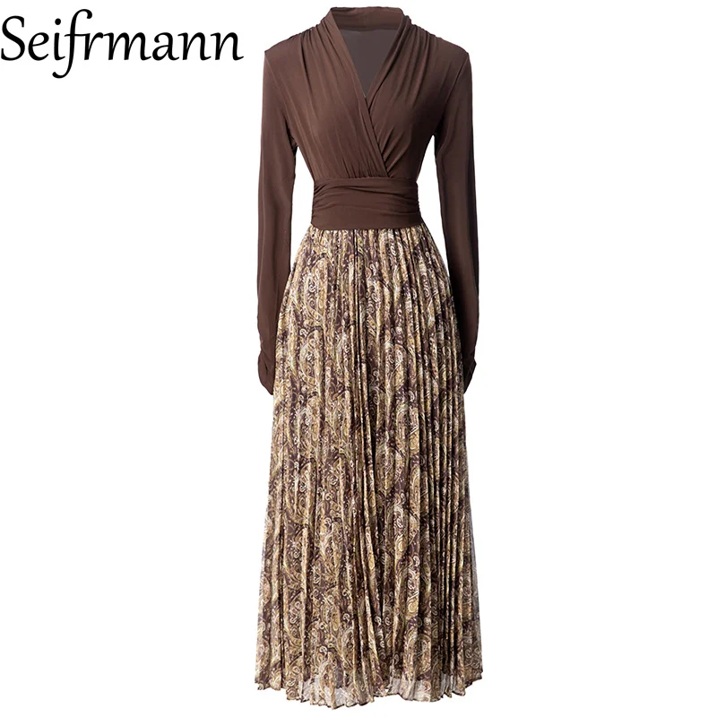 Seifrmann 2026 Spring Women's New Fashion V-neck Long Sleeve Splicing Mesh Skirt Leopard Pattern Folded Waist Dress