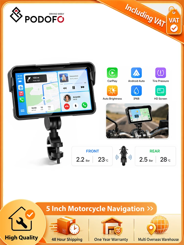 Podofo 5-calowy bezprzewodowy odtwarzacz Carplay Android Auto do motocykla, inteligentny odtwarzacz IP68 wodoodporny, nawigator GPS z funkcją monitorowania ciśnienia w oponach, wyświetlacz — 2