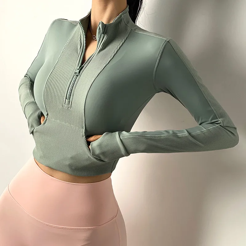 Chaqueta deportiva de cuello alto con media cremallera, cortavientos, ropa de Yoga ajustada, estilo corto, ciclismo, Fitness, Top corto de manga