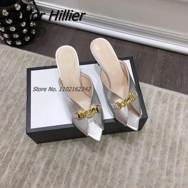 New Shallow Mouth Retro Pointed High Heel Slippers Open Toe Metal Chain Stiletto Mules Casual Outer Wear Summer Sandals Custom