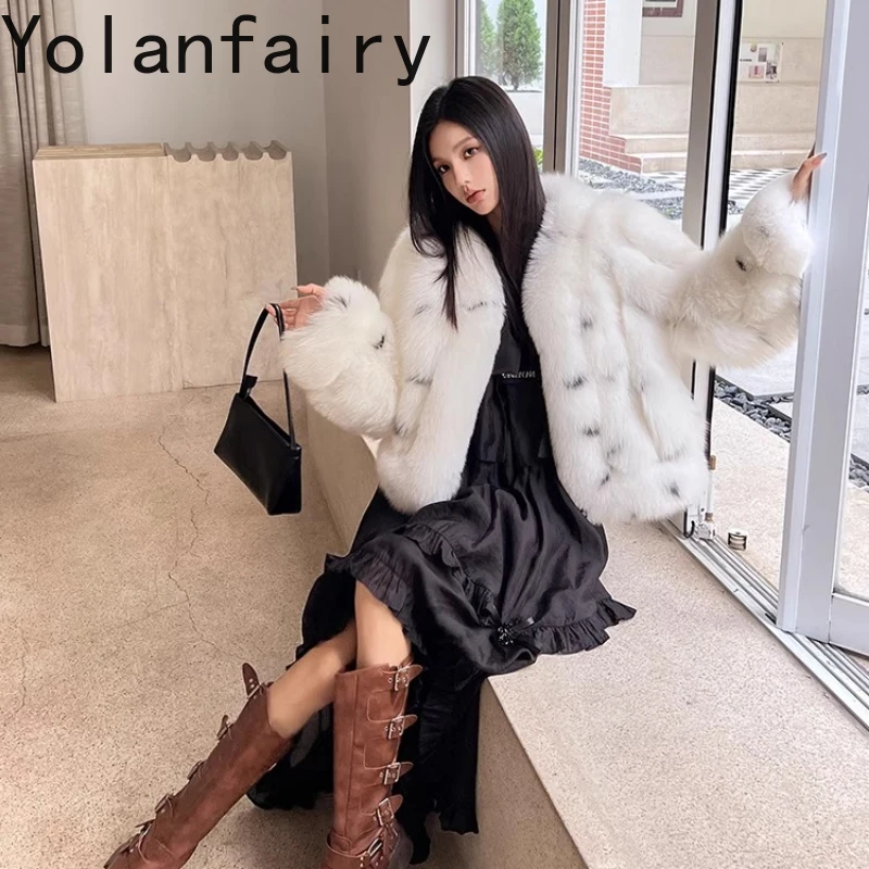 

YOLANFAIRY autumn and winter Imported whole fox fur coat women V-neck blouse long sleeve commuter Winter atmosphere шуба 2025