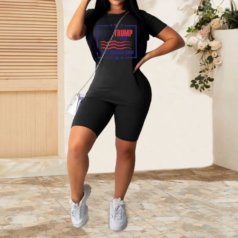 2024 Women's Fashion Round Neck T-shirt Top and Shorts Two Piece Set Shorts Set Women's