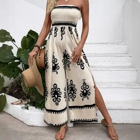Women Printed Strapless Sleeveless Wide Leg Split Jumpsuits Summer Beach Boho Holiday Outfits One Piece Suit Romper