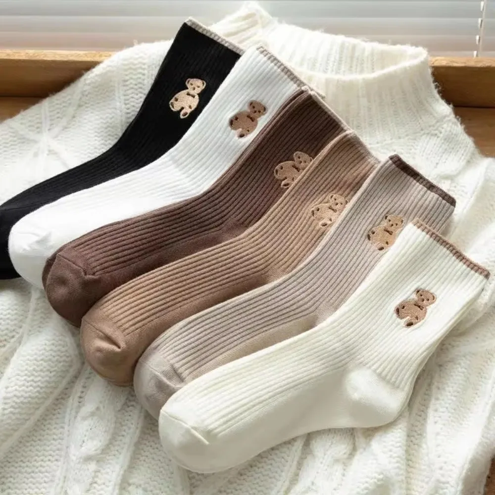 5 Pairs Bear Embroidery Medium Tube Socks Breathable Sports Socks Keep Warm Women Socks Knitted Solid Color Snow Boot Socks