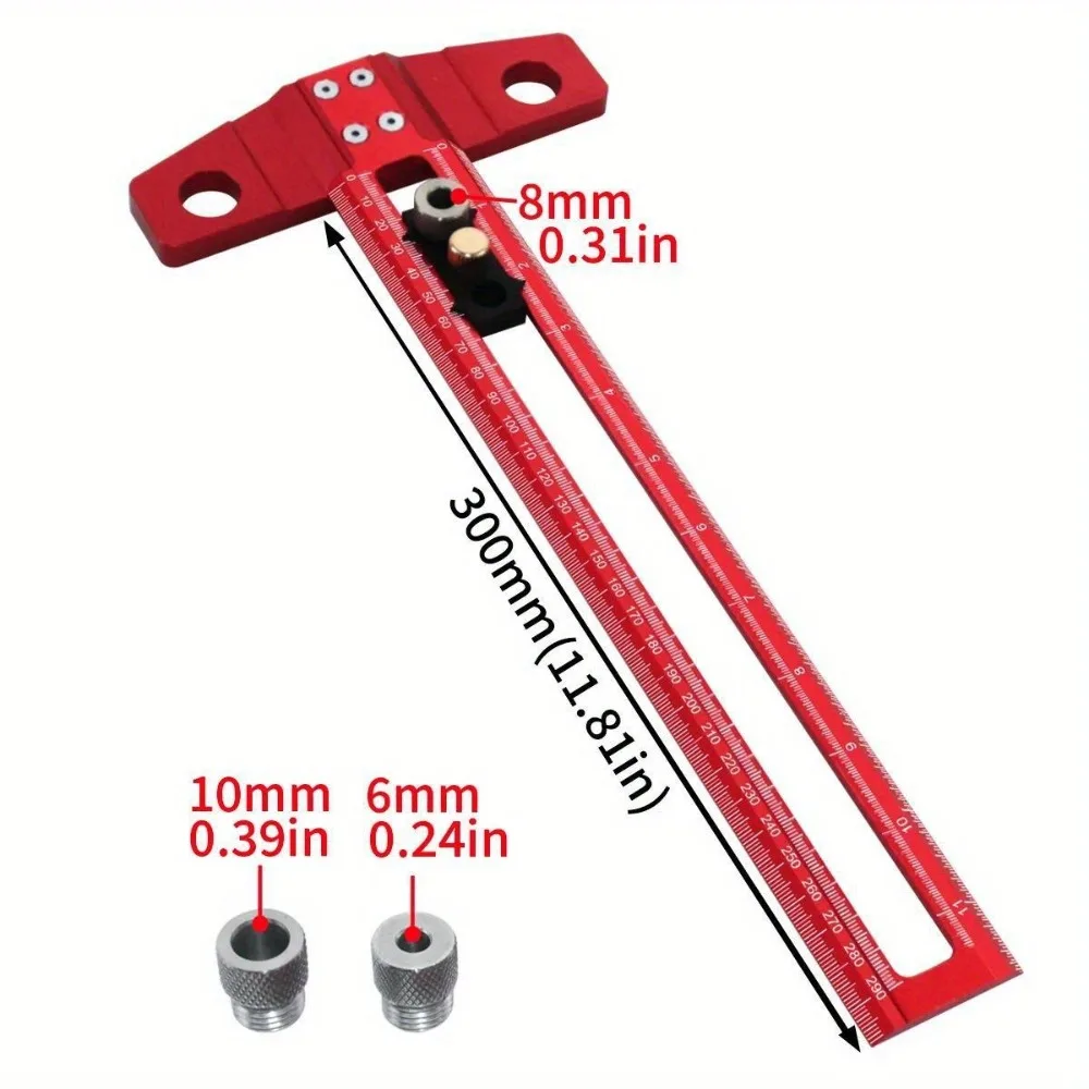 2 in 1 Line Marking Ruler Aluminum Alloy T Square Drilling Positioning Scoring Ruler with 6/8/10mm Drill Sleeve
