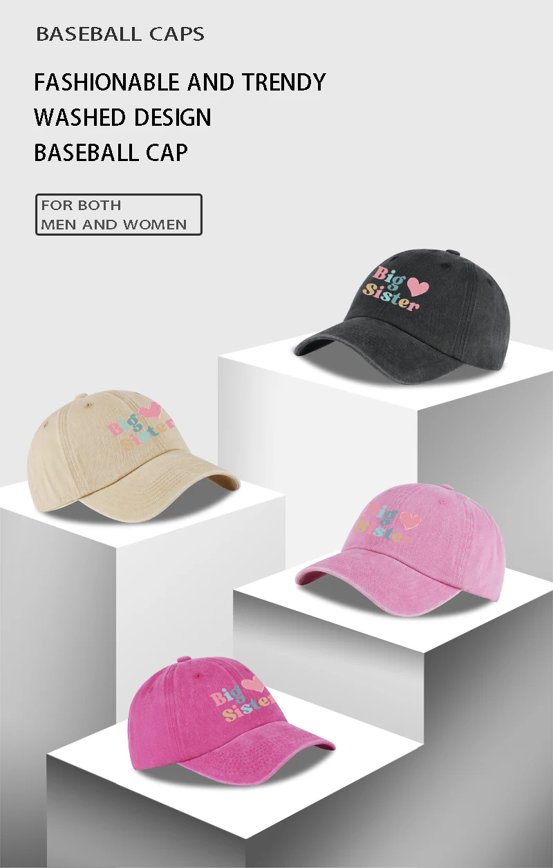Big Sister Heart Print Vintage Washed Baseball Cap – Adjustable Size, Everyday Casual and Versatile Dad Cap