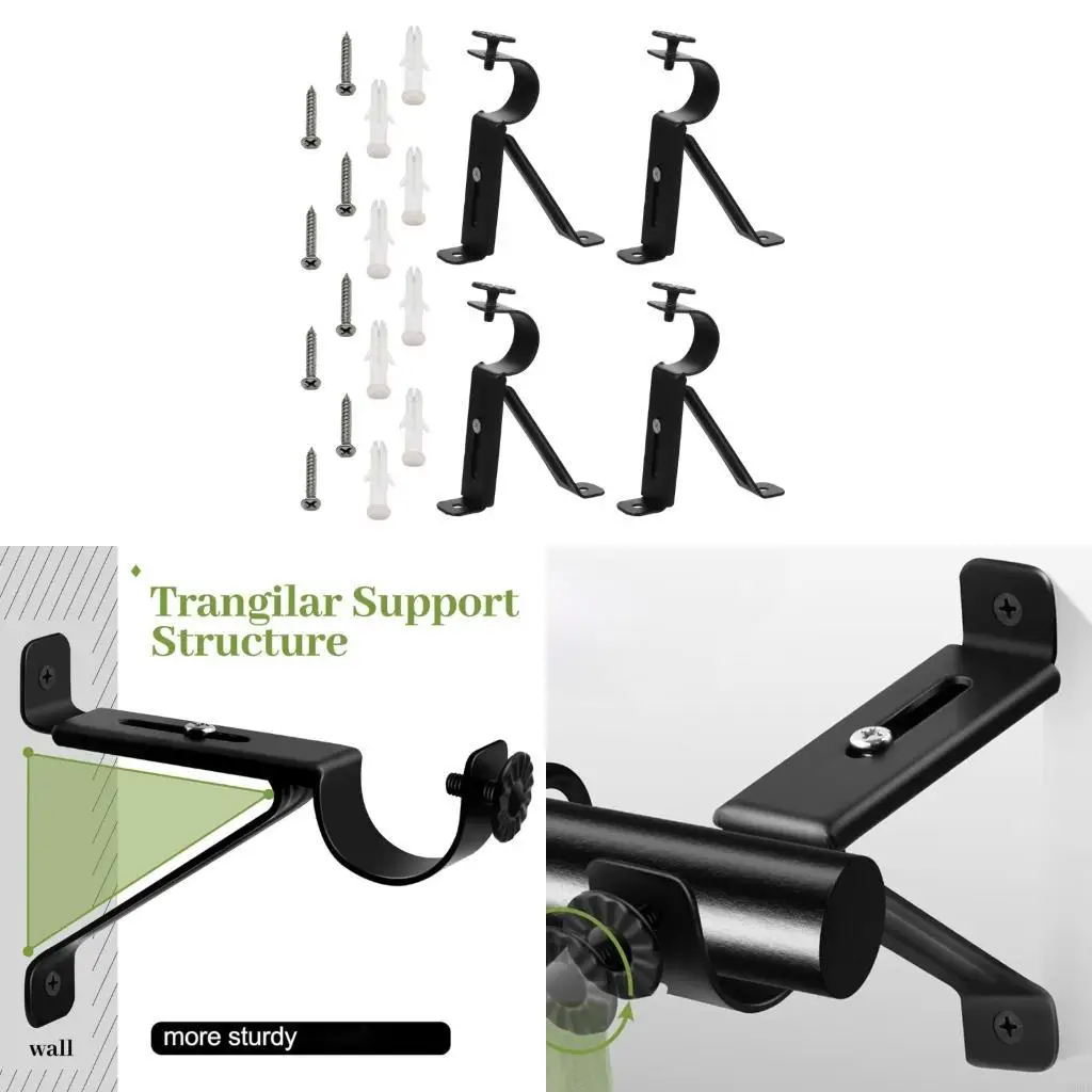 62KD Curtain Rod Brackets Curtain Rod Bracket Hook with Screws Metal Curtain Rod Mount for Wall Install with Black Finish, Screw