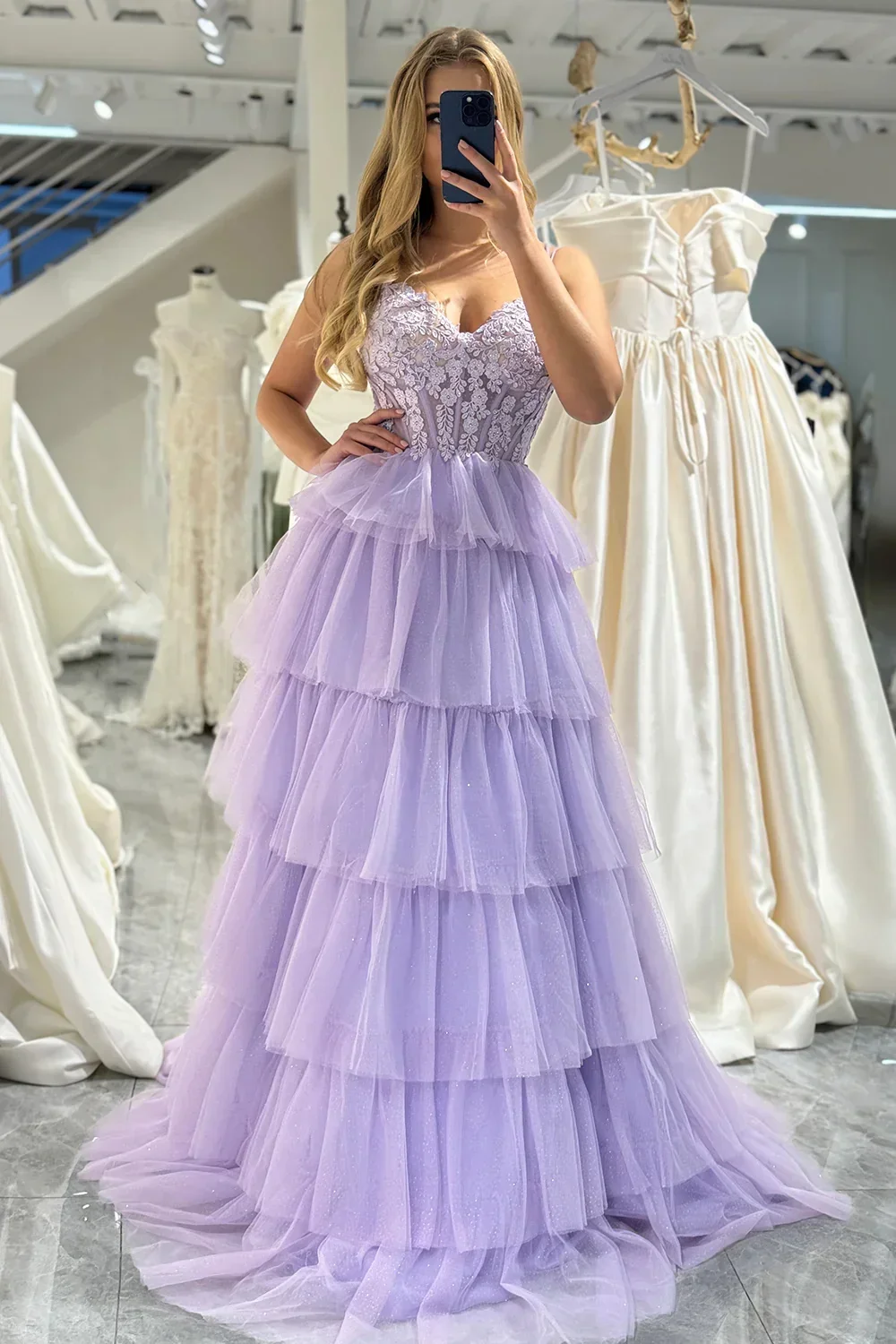 

CustomizedLavender Vestidos De Noche Кружевные аппликации Тюлевые платья для выпускного вечера трапециевидной формы Элегантные вечерние платья без рукавов длиной до пола 20