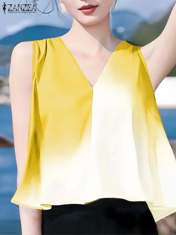 

Женские летние футболки ZANZEA, модные топы на бретелях, 2024, контрастные цвета, с v-образным вырезом, повседневные сексуальные элегантные офисные женские рубашки-туники без рукавов