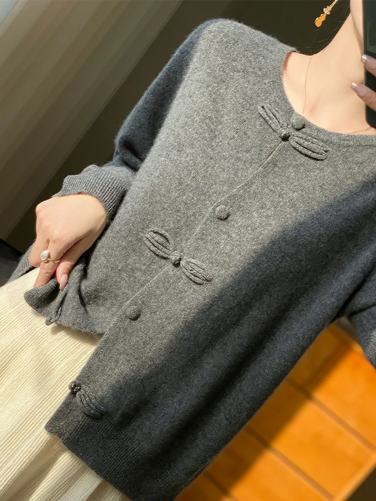 New fashion spring 100% pure merino wool women\'s O-neck cardigan cashmere sweater 2024 women\'s cardigan sweater top