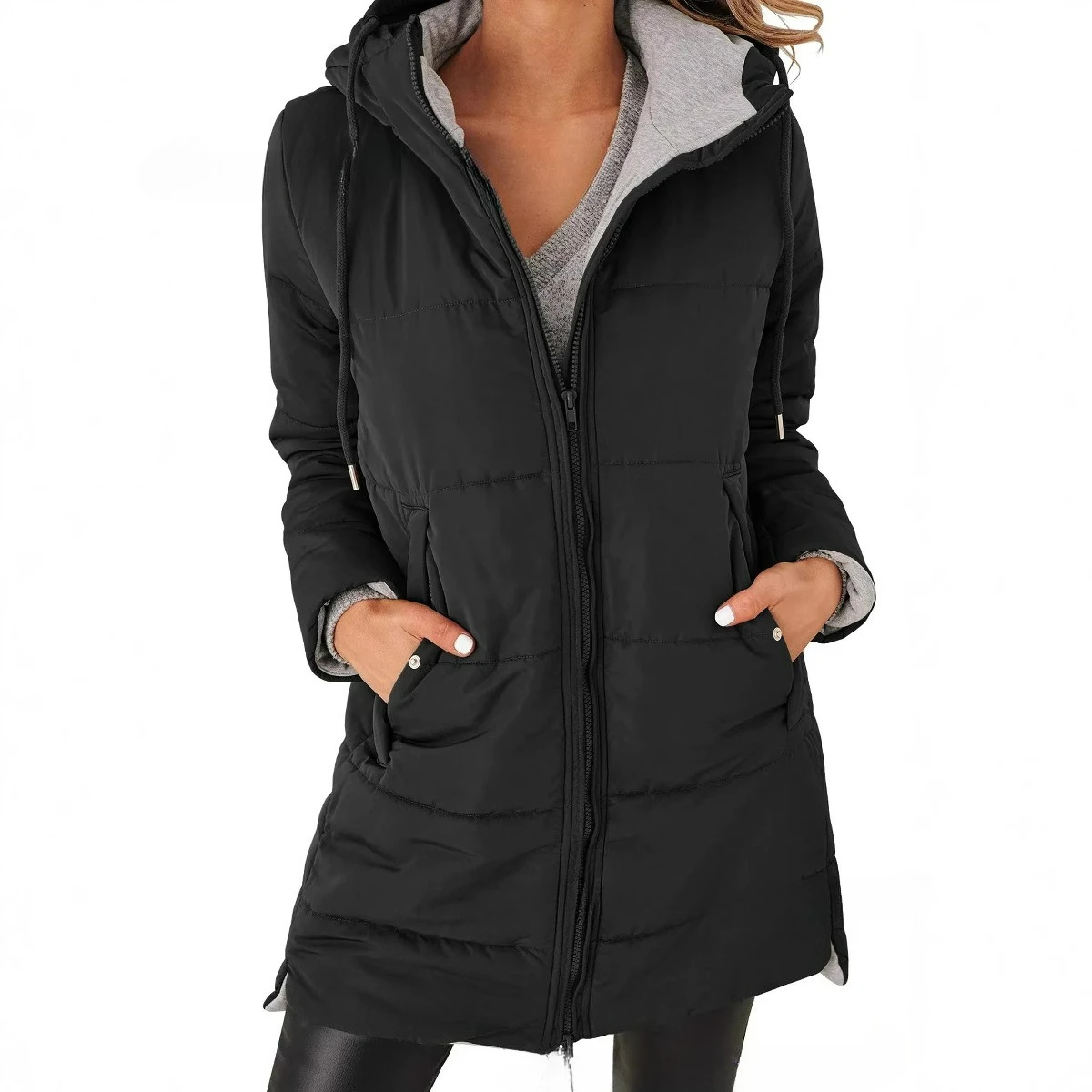 2025 Autumn and Winter Hooded Solid Color Cotton Jacket Long Sleeved Slim Fit Pocket Long Jacket Top