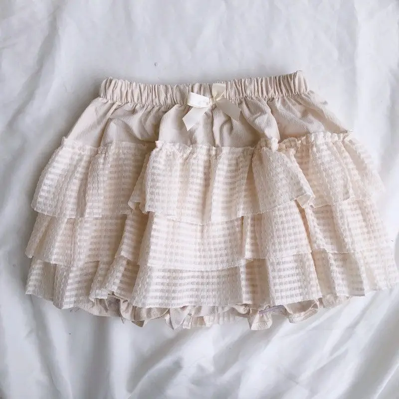 

Women Sweet Elegant Ruffle Mini Skirt Cute Bow Elastic Waist Layered Plaid Skirt Y2K Harajuku Balletcore Casual Summer Skirts