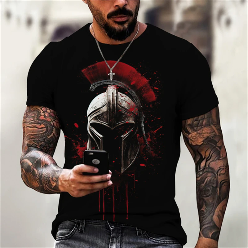 Fashion Spartan Warrior Print T Shirt For Men Hip Hop Trend Harajuku Vintage Clothes Summer Casual O-neck Short Sleeve Loose Top