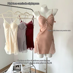 New sexy pajamas for women in spring and summer, high-end lace splicing with breast pads, pure lust style suspender nightgown