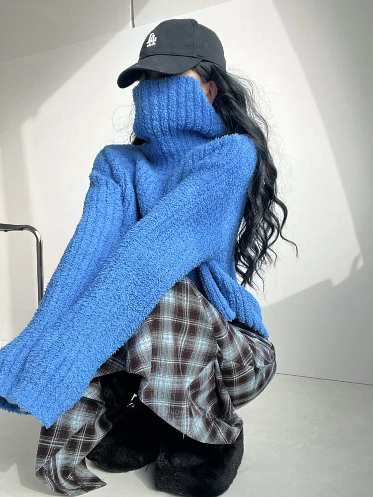 Sli ريترو عالية الياقة Thiened البلوز واحد oulder كسول ort محبوك سترة المرأة الخريف الشتاء لون فضفاض #2