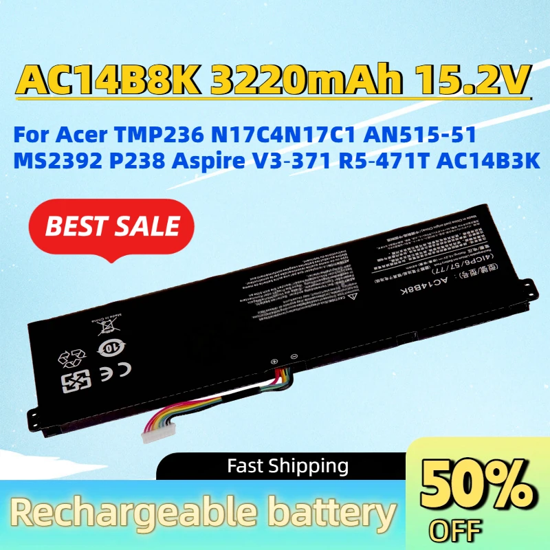 High-Quality AC14B8K 3220mAh 15.2V Laptop Battery for Acer TMP236 N17C4N17C1 AN515-51 MS2392 P238 Aspire V3‑371 R5‑471T AC14B3K