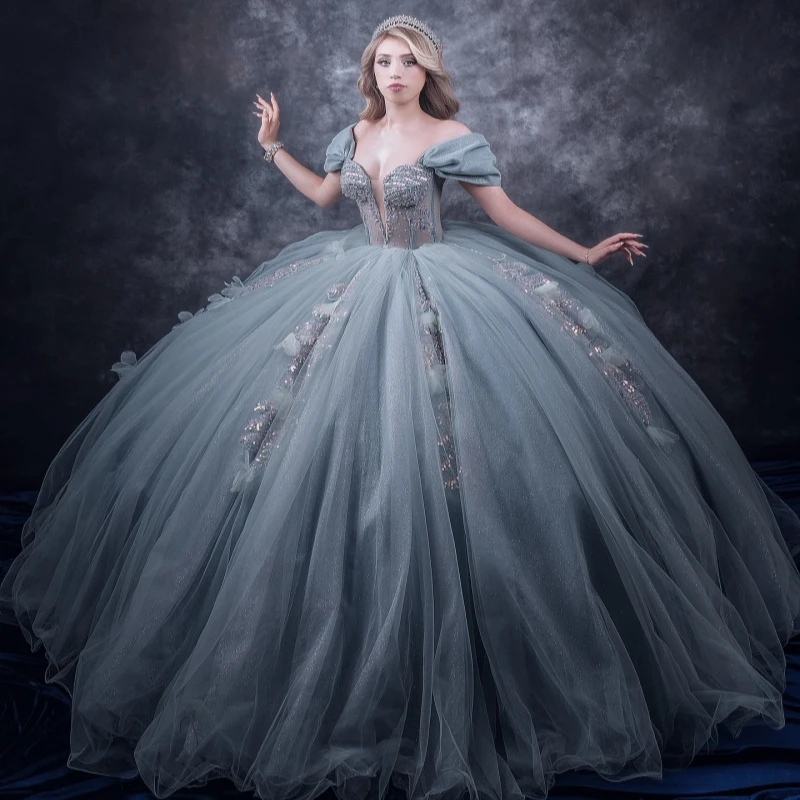 

Aqua Blue Shiny Quinceanera Dresses Ball Gown Off The Shoulder Applique Flower Beading Crystal Corset Tull Party Birthday Sweet