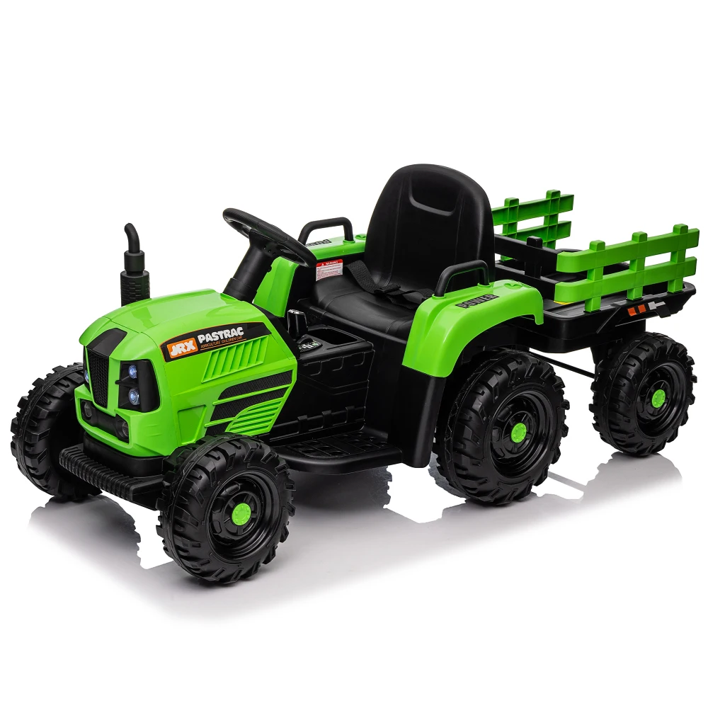 Tractor de paseo con remolque, juguete de Tractor eléctrico con batería de 12V con Control remoto, cinturón de seguridad de dos puntos ajustable de tres velocidades