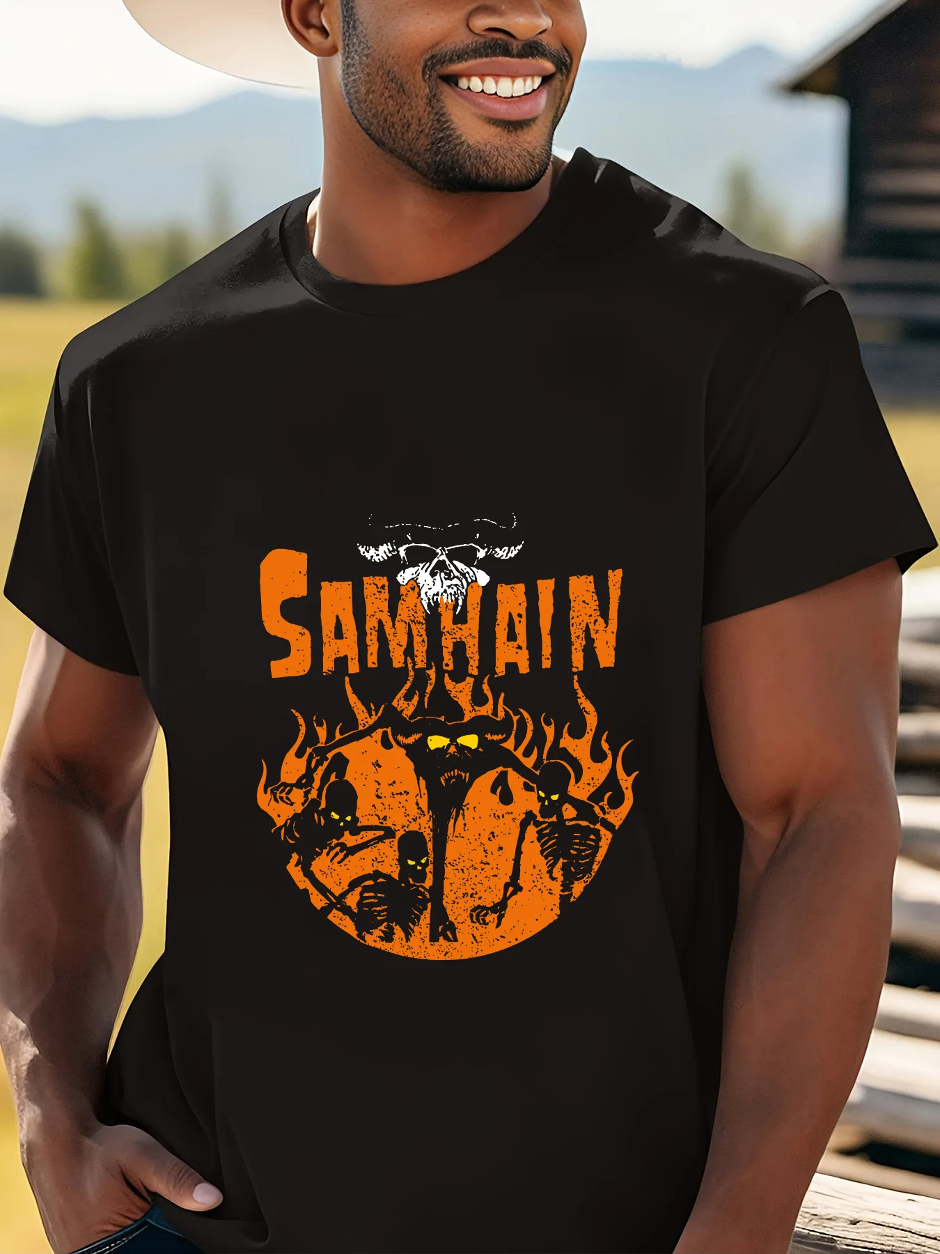 

Black Cotton Graphic Tee - Men's "Samhain" T-Shirt with Orange & Yellow Flame Design, Short Sleeve Round Neck for Summer