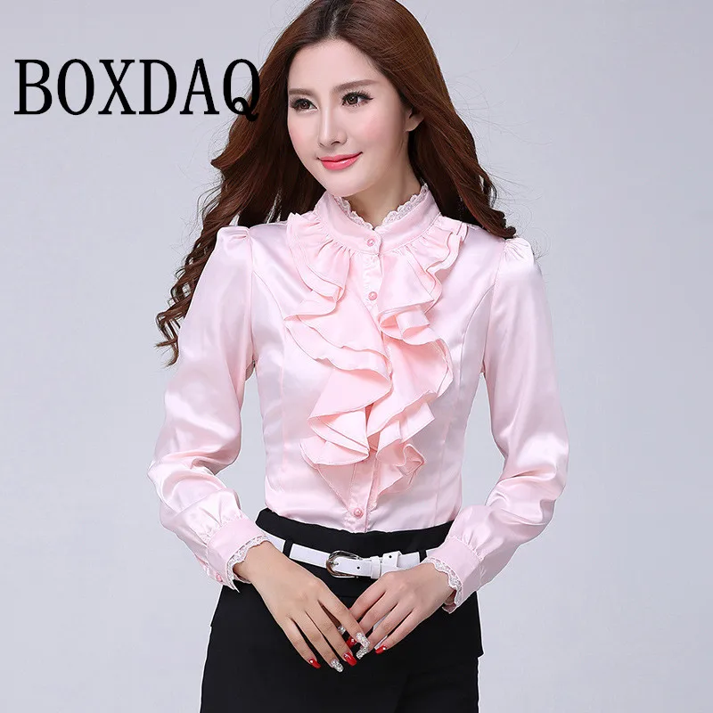 Women\'s Vintage Ruffles Shirts Long Sleeve Women Elegant Lace Button Up Stand Collar Ladies Office Blouses Tops Pink White Shirt