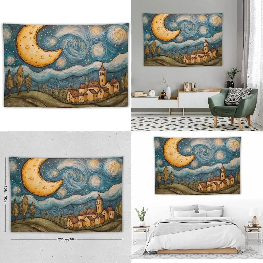 

Starry Night Inspired Playful Van Gogh Art Print Tapestry for Home, Dorm, Living Room, 60x90