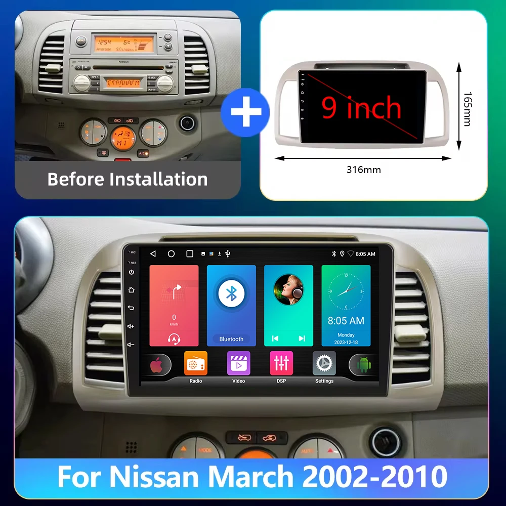 For Nissan March Micra K12 2002-2010 Android Auto Car Radio Multimedia 4G Rideo Player GPS Navigation 5G WIFI DSP BT No 2din DVD