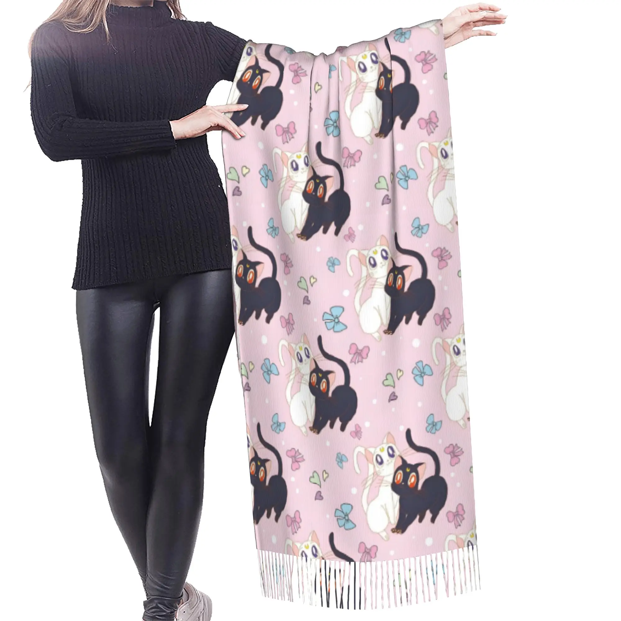 Custom Sailored Manga Anime Mooned Scarf Wrap for Women Long Winter Warm Tassel Shawl Unisex Usagi Tsukino Luna Scarves