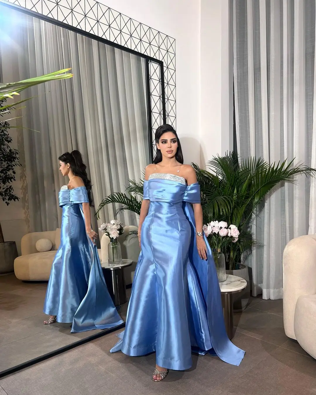 

Vintage Mermaid Blue Sleeveles Prom Dresses Strapless Pleated Beadings Satin Evening Dresses Ankle Length Formal Party Dresses