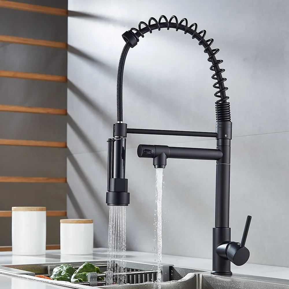 Chrome Spring Kitchen Faucet Pull Down Dual Spouts 360 Swivel Handheld Shower Kitchen Mixer Crane Hot Cold 2 Outlets Spring Taps