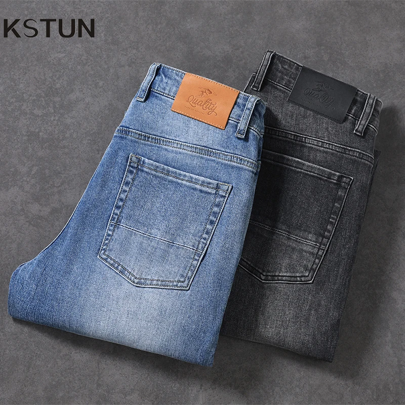 KSTUN Herren-Jeans, Stretch, gerader Schnitt, Basic, Business, lässige Denim-Hose für Herren, Ganzkörperhose, Schwarz, Blau, normale Jeans