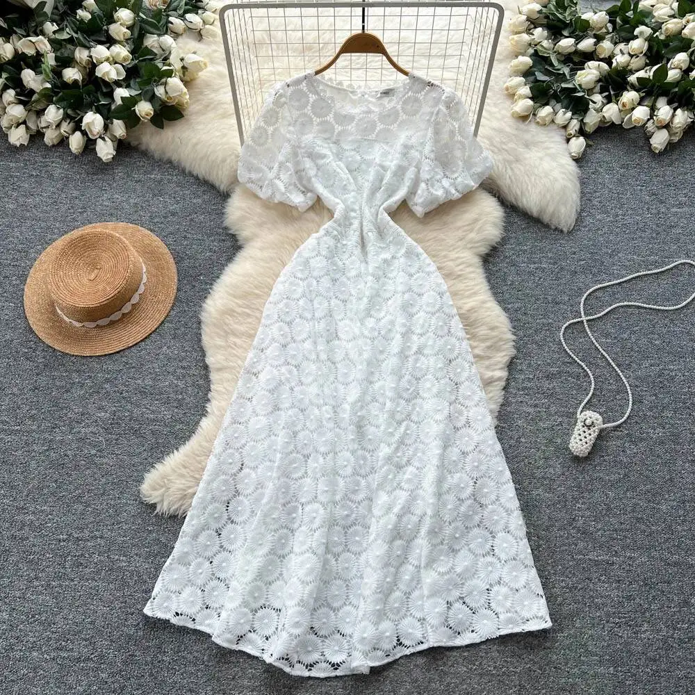 Sexy chic Hook flower hollow puff sleeve A-line dress Vintage Women Casual High Street summer women clothing