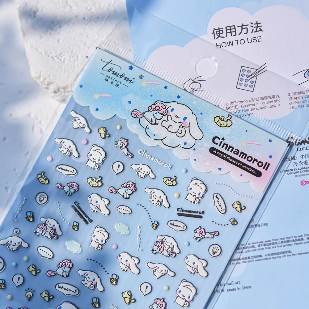 5D Embossed Cinnamoroll Nail Stickers Pompompurin Glitter Nail Art Accessories Long-lasting Color Hello Kitty Nail Parts
