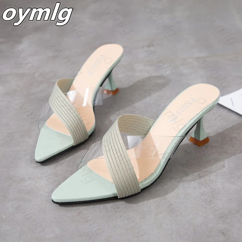 Pointed Toe wysokie obcasy klapki damskie Lady Slip On Casual galaretki buty letnie damskie sandały PVC przezroczyste buty z kryształkami kobieta