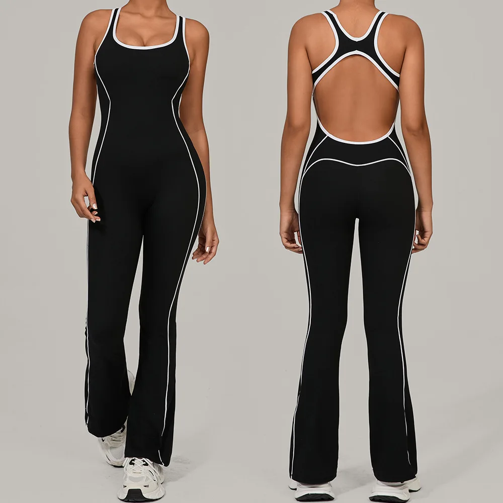 

Hollow out beautiful back yoga suit, dance sports jumpsuit, hip lifting, pleating, micro flared jumpsuit yoga suit
