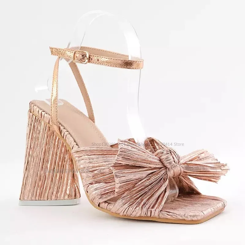 Pleated Bow Knot Decor Square Toe Sandals Ankle Buckle Strap Women Shoes Strange Style Heels Graceful 2023 Zapatos Para Mujere